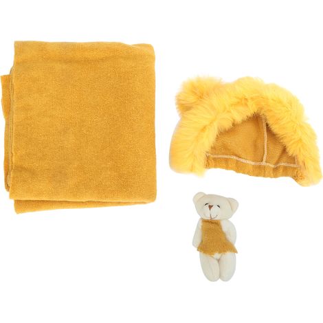 Lot bébé photo tenue: chapeau jaune + lange + poupée ours, accessoires nouveau-né mignons et doux pour la peau. (1/5)