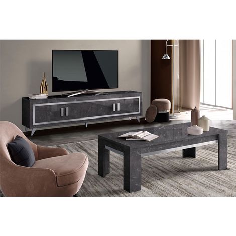 GUEDA - Ensemble Salon Effet Marbre Anthracite Meuble TV 4 Portes + Table Basse (1/4)