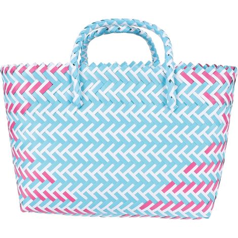 sac à main en plastique tissé à la main rayé rose et bleu
