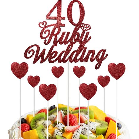 Juego de decoración para pastel de 40 aniversario de bodas - Rojo brillante - Rubí en forma de corazón