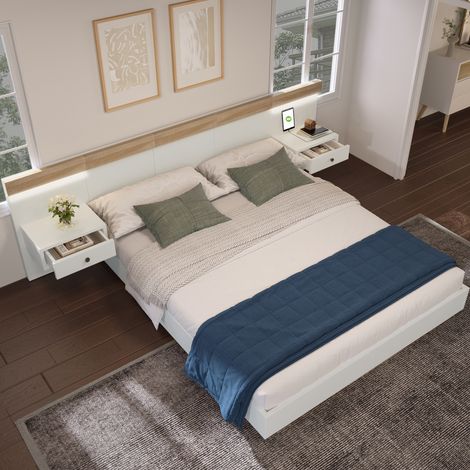 Cama doble 205/264/90,5 cm blanco y roble Sonoma de madera con 2 mesitas LED y USB-C (1/5)