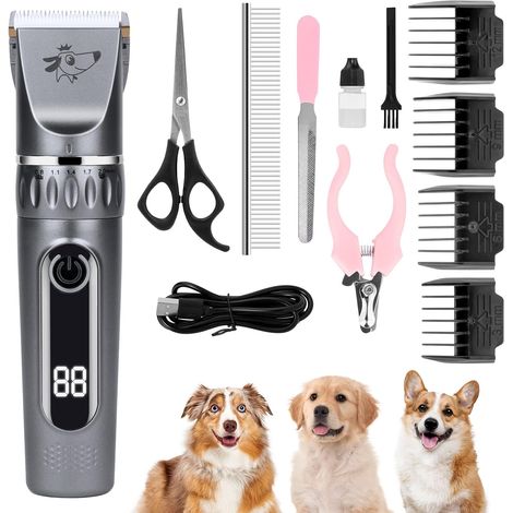 Tondeuse pour Chien Sans Fil, Lames en Céramique avec Ecran LCD, Charge Rapide 5 Vitesses de Rotation Lavable à Faible Bruit Kit Toilettage (1/5)