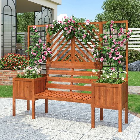 Jardinière avec treillis et siège - bois de sapin massif - bac à fleurs d’extérieur - marron