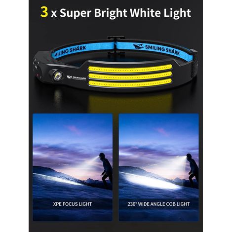 Lampada frontale a LED super potente, ricaricabile tramite USB, 3 LED, 230°, super luminosa, con sensore di movimento, impermeabile, leggera da 0,1 kg, adatta per pesca, campeggio, corsa (1/4)