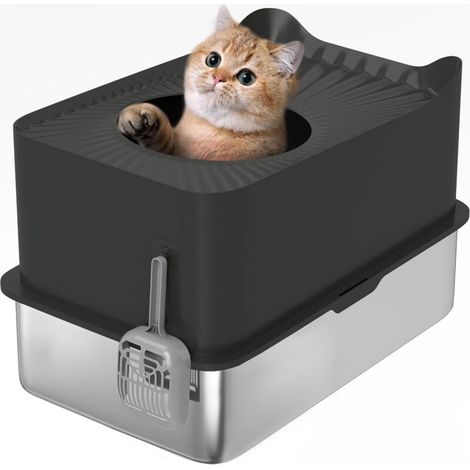 Bac à litière pour chat en acier inoxydable 85L grande capacité maison de toilette semi-fermée, 60 x 40 x 38 cm noir (1/5)