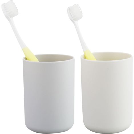 Set aus 2 beige/grauen Badezimmerbechern, Zubehör-Organizer und Zahnbürstenhalter
