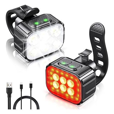 Lumiere Velo avec Spot et Faisceau d'Inondation, Rechargeable par USB Lampe Vélo LED Étanche, Modes de Luminosité Eclairage Velo Avant et Arrière pour Cyclysme VTT (1/5)