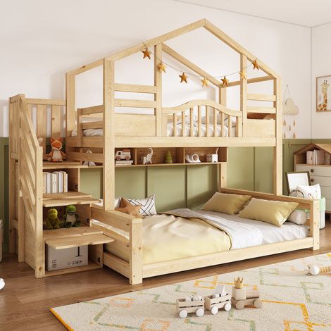 Litera infantil 254x145x206 cm beige y natural en madera con escalera con almacenaje (1/5)