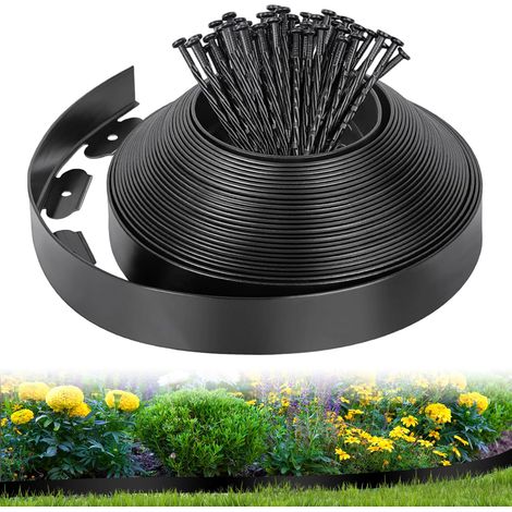 Bordure de Pelouse Flexible 10M x 5cm, Clôture de Jardin en Plastique avec 50 Piquets, Bordure de Délimitation pour Pelouse, Parterre, Allée de Patio, Noir (1/5)