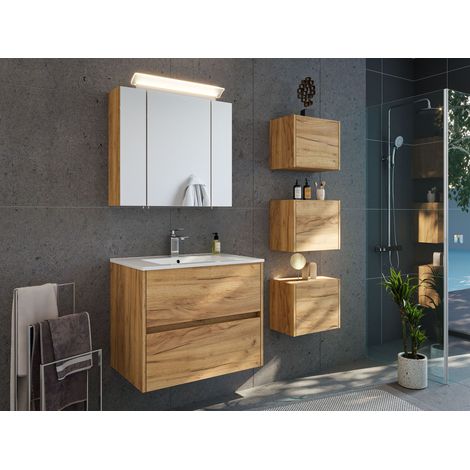 Badmöbelset Taifun 70cm 3tlg mit Spiegelschrank und 3er Boxen Set eiche gold