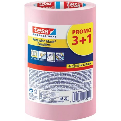 Lote de 3+1 Adhesivo de enmascarar de precisión delicado rosa Tesa 50mx38mm - Tesa Construcción