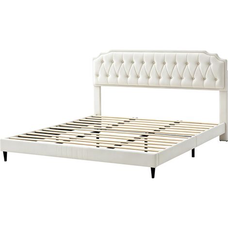 Upholstered Bed Frame with Cozy Button Tufted Headboard & Adjustable Height, Wood Slat Support CHELSEY SUPER KING BEIGE (1/5)