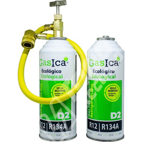 Pack ahorro (2x226Gr) Gas Refrigerante Gasica D2 sustituto de R12, R134A más manguera con llave y conector rápido para coche