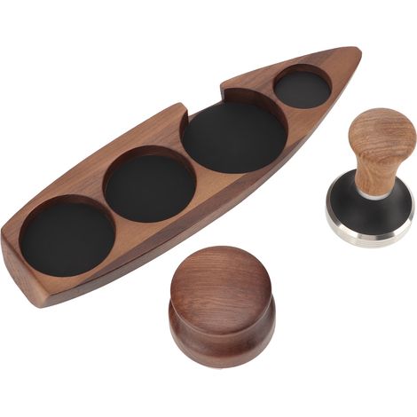 Kaffeetamperständer (3-teilig) aus Walnussholz, Gummi und Edelstahl, bootsförmiger Spender, Kaffeezubehör mit 51/53 mm Basis und 53 mm Tamper. (1/5)