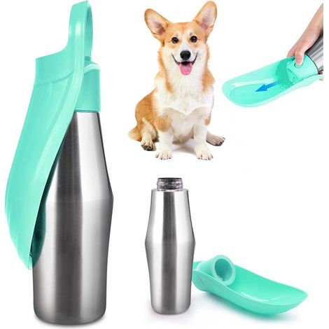 Gourde pour chien - 750 ml - Pliable à 180° - Portable - Acier inoxydable - Idéale pour l'entraînement - Verte - 1 (1/3)