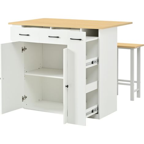 Isla de cocina extensible blanca con armario, cajones, estantes regulables y 2 taburetes (1/5)