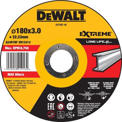Disco de corte cóncavo EXTREME para metal con grano industrial de óxido de aluminio, 180 x 3 x 22.23 mm  DeWalt DX7967-AE (1/2)