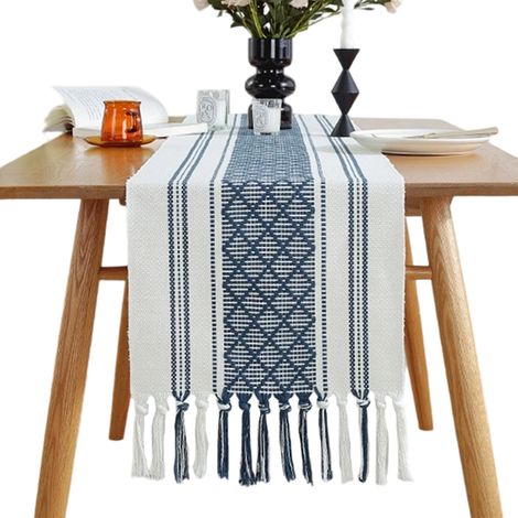 Lungo runner da tavola bohémien con nappe, 35,5 x 229 cm, blu navy e crema  Sciarpa da comò tessuta e lavabile  Tovaglia da consolle in cotone stile rustico con frange