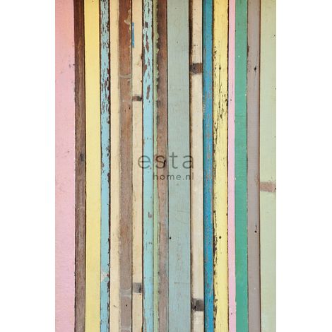 papier peint panoramique imitation bois rose clair, jaune, bleu et vert - ESTAhome (1/5)