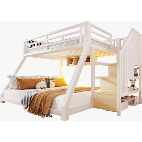 Letto a castello con letto inferiore 140x200 cm, letto superiore 90x200 cm, LED integrati, 3 vani portaoggetti e scala contenitore, bianco CHICFURN (1/5)