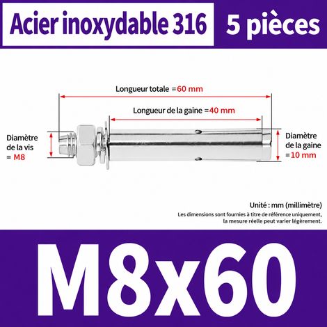 Goujon d'ancrage à expansion M8x60 mm acier inoxydable 316 lot de 5 m8 60 5 pièces 1 kg – Livraison gratuite