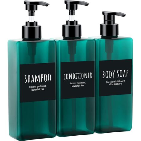 Lot de 3 - Flacon pompe - Distributeur savon - Rechargeable 500 ml - Pour shampooing et lotion - Vert d&39eau clair - 20x7x7 cm (1/5)