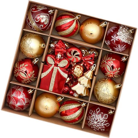 46-teiliges Set bunter, handgefertigter Christbaumkugeln aus Kunststoff mit Aufbewahrungsbox, fertig zum Verschenken, in Rot und Gold (1/5)