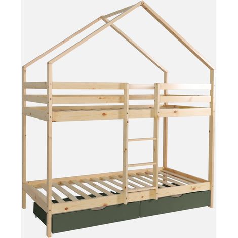 Litera infantil cabaña pino natural somier de láminas y cajones, 190cm (1/5)