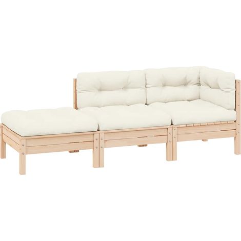3-tlg. Garten-Lounge-Set mit Kissen in Creme Massivholz Kiefer