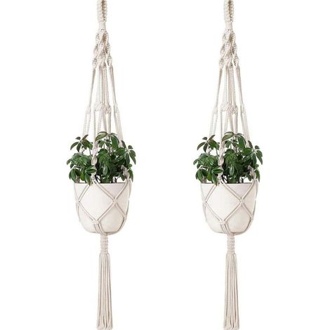 LAN BDD Pots suspendus Suspensions pour plantes Pots suspendus à quatre pattes en corde de coton Décoration de porte pour plantes Intérieur Extérieur Style bohème fleurs tissées à la main (2 pièces)