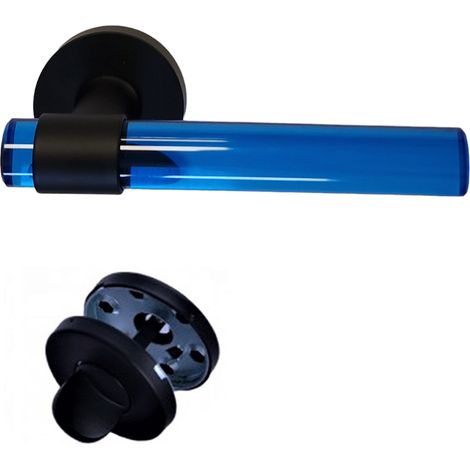 Maniglie per porte in cristallo di plexiglass blu “JOY” con gambe in acciaio inox nero. +1 Coppia di coccarde di condanna