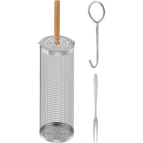 Panier à barbecue rotatif en acier inoxydable – cylindre de barbecue roulant en acier inoxydable – 30 cm – Manche bois – tambour rotatif – Idéal pour camping et jardin (1/5)