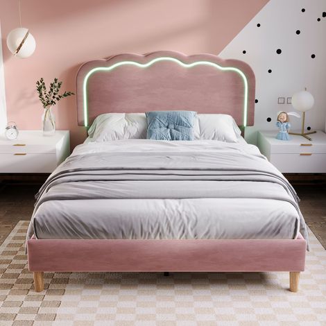 Lit double 140x200 cm avec led, tête de lit réglable capitonnée, velours rose, sommier inclus (1/5)