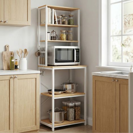 Étagère de cuisine à 6 niveaux, support micro-ondes avec crochets, pour bar à café, Jaune et Blanc (1/5)