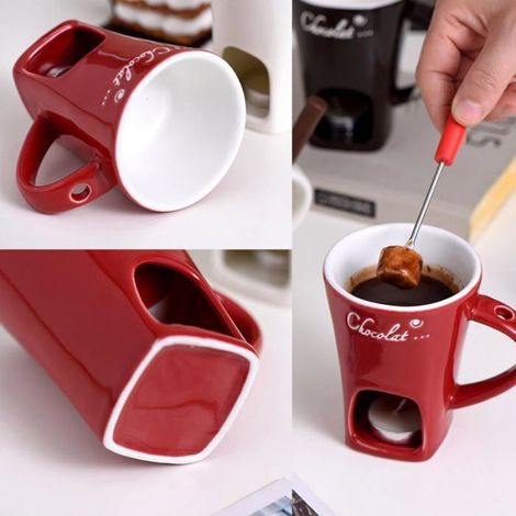 Tasse À Fondue - Céramique - Hauteur 10,9 cm Diamètre 8,3 cm - Pour Chocolat Fromage Caramel - Avec Fourchette Et Compartiment Bougie - 1 Pièce (1/5)