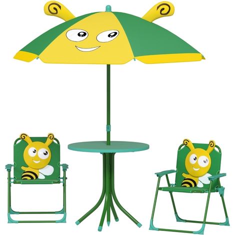 Conjunto de jardín infantil con 2 sillas plegables, mesa redonda y sombrilla verde y amarilla (1/5)