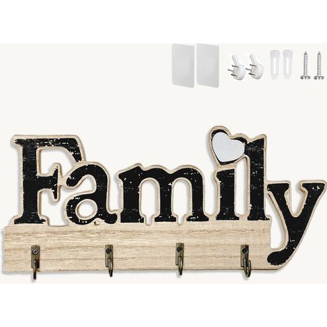 Llavero de pared de madera Home Deco, autoadhesivo o perforado, 3 opciones de instalación para el llavero de pared, colgador de llaves de pared para el hogar. Negro (1/5)