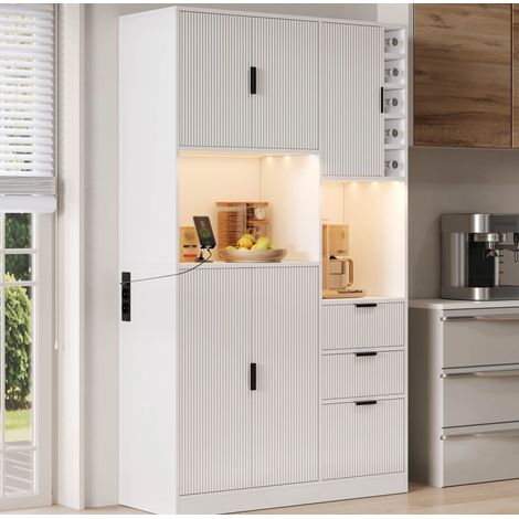 MEUBLIV Aparador de cocina blanco 105x40x180 cm con LED, enchufes integrados y botellero (1/5)
