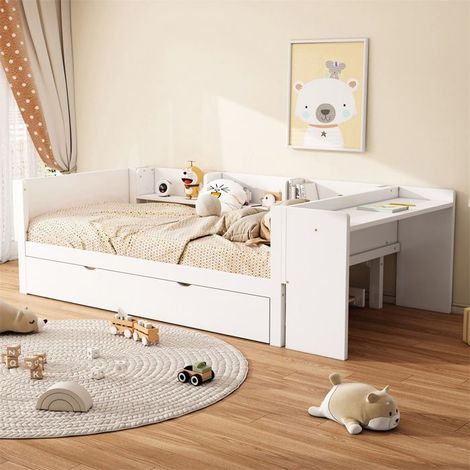 Lit 90x200 cm blanc avec lit gigogne, bureau intégré et 3 étagères - sommier à lattes