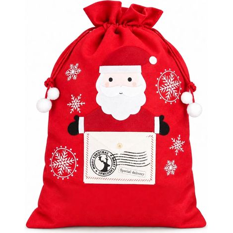 5cm Red Felt Christmas Sack with Santa Special Delivery Design, Letter Pocket and Drawstring Closure (1/5)