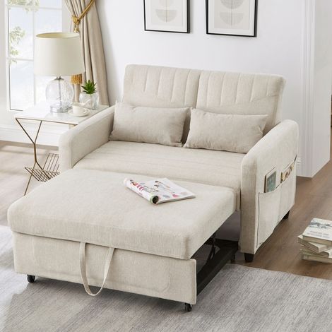 Canapé-lit 2 places extensible 114x77x82,5cm, dossier réglable, tissu coton-lin, design moderne, Beige (1/5)