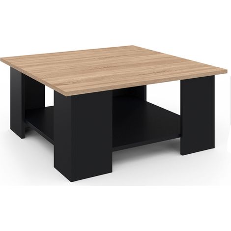 Idmarket – Table basse carrée noire 70x70cm – Plateau imitation hêtre – Étagère basse pour rangement – Design compact et élégant (1/5)