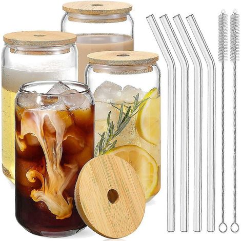 Trinkgläser mit Bambusdeckeln, 4er-Set – 16-oz-Dosengläser, Biergläser, Eiskaffeegläser (1/5)