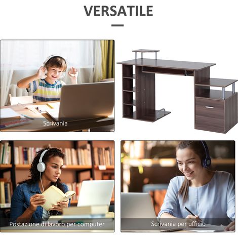 Bureau d'angle ou droit en bois avec tiroir et étagère, meuble informatique pratique pour chambre et bureau, rangement PC. (1/5)