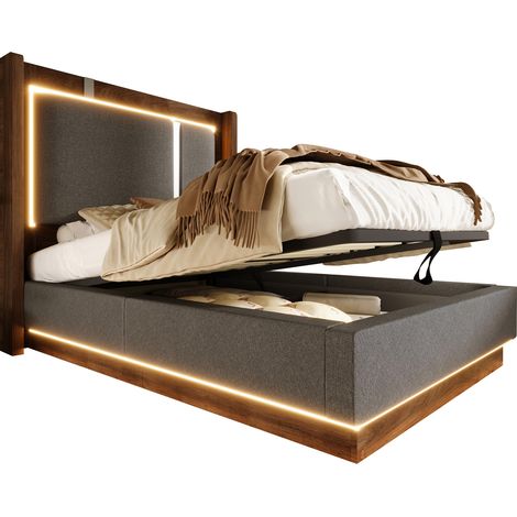 Letto singolo 90x200 con testiera alta, LED RGB, contenitore idraulico e rete a doghe, rivestimento in tessuto, CHICFURN (1/5)
