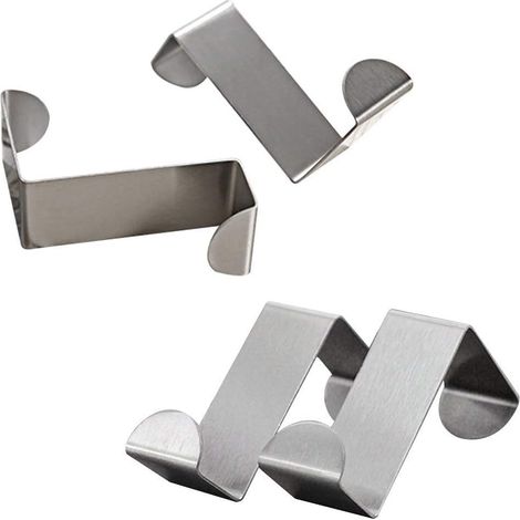 Set di 4 ganci appendiabiti a ribalta in acciaio inox per ante di armadi e cassetti, ideali per uffici e cucine, con funzione portasciugamani e appendiabiti, colore argento. (1/4)