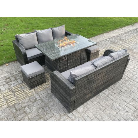Fimous Rattan Outdoor Furniture Gas Fire Pit Rectangle Dining Table Gas Heater 3 Seater Lounge Sofa Small Footstools Sets 8 Seater (1/5)