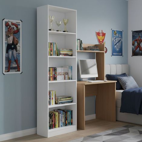 Dmora Buchhandlung Pomona, Hohes Bücherregal mit 5 Regalen, Büro- oder Schlafzimmerregal, Modernes Regal mit Fächern, cm 52x25h80, Weiß (1/5)