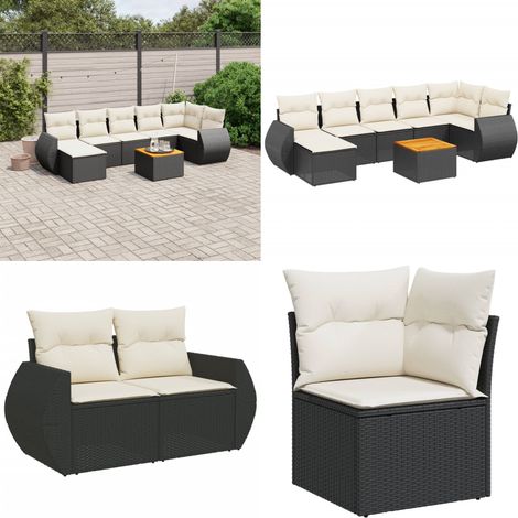 Salon de jardin 8 pcs avec coussins noir résine tressée - Salon De Jardin - Meuble Extérieur - Set Salon - Résine Tressée - Rotin Synthétique - Home & Living (1/5)