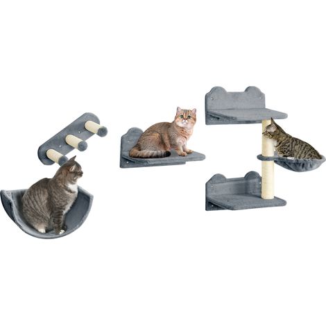 Albero per gatti completo in 4 pezzi, da fissare alla parete, con palo per graffiare, amaca, piattaforma in sisal e peluche, colore grigio.